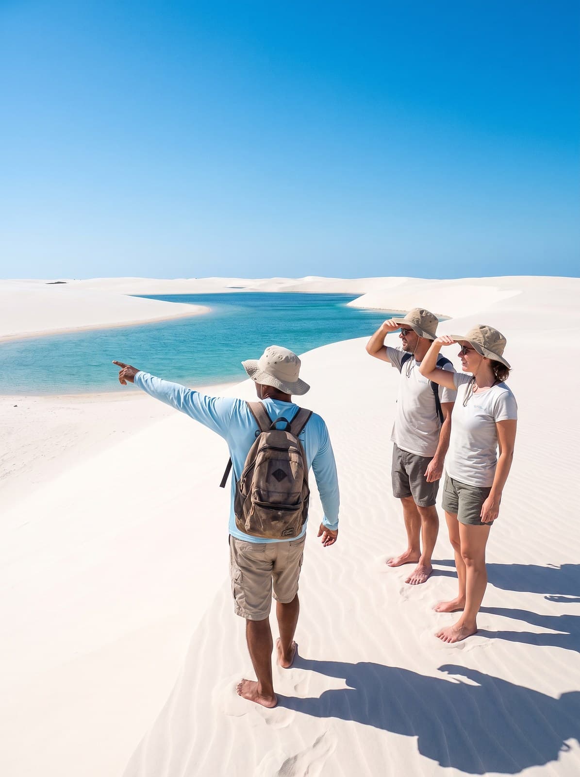 Guia apontando uma lagoa entre as dunas para dois visitantes, nos Lençóis Maranhenses