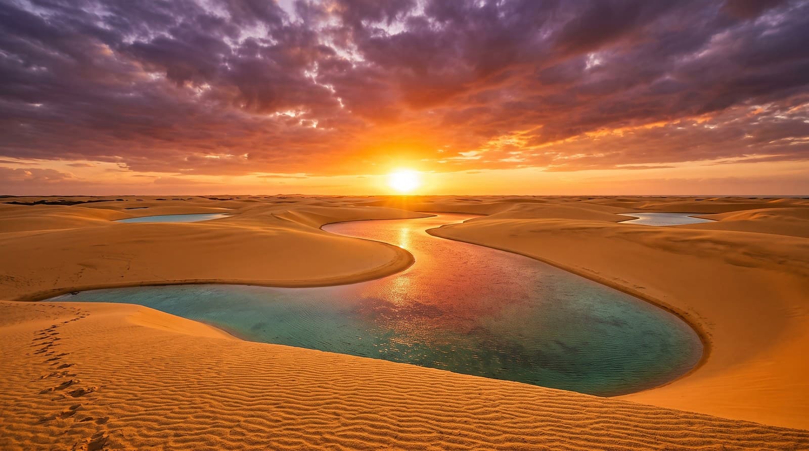 Sol baixo sobre as dunas e uma lagoa dos Lençóis, no fim da tarde
